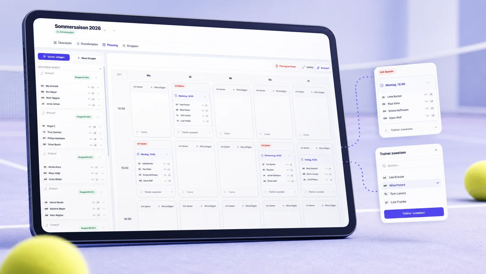 Tennistrainer Software für Anmeldung, Camps und Planung.